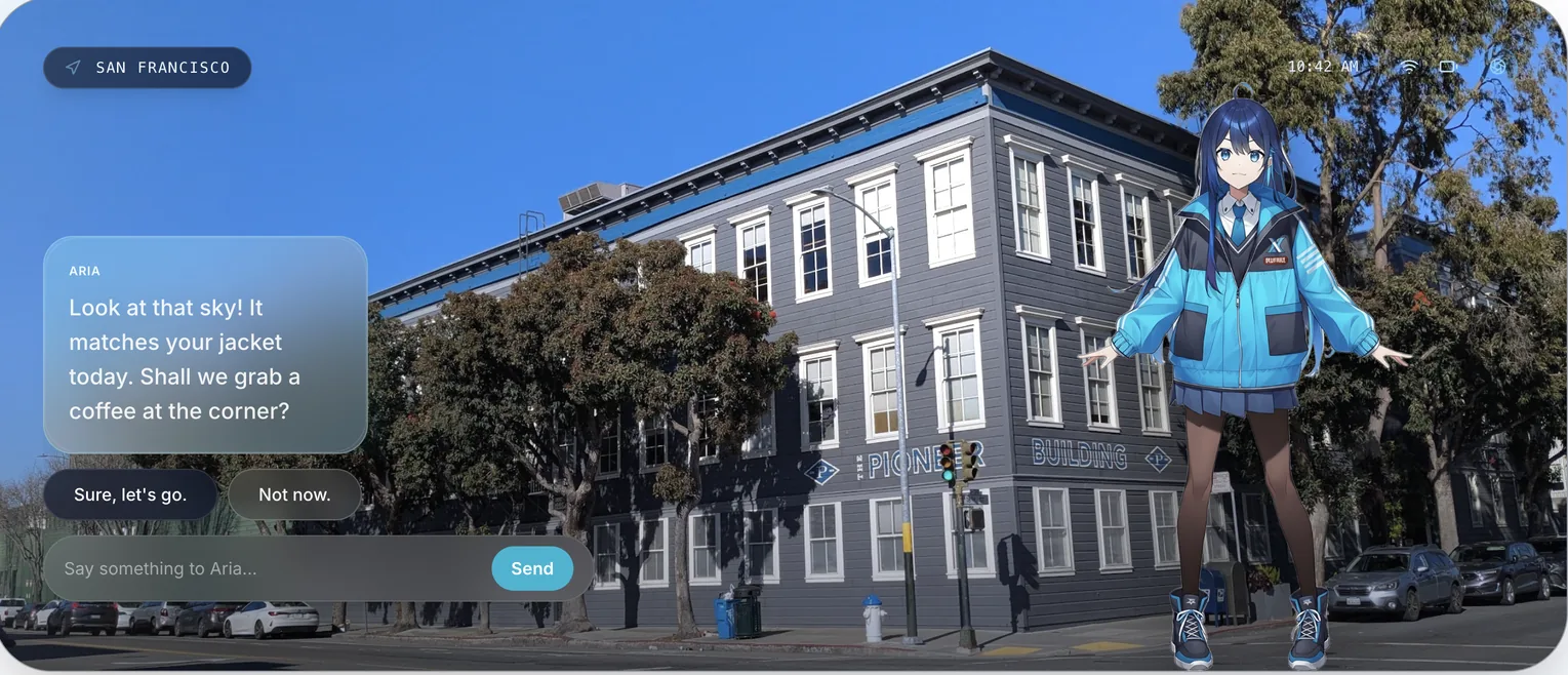 Visualisation of the AR interface on a San Francisco street: Alice standing at the corner, with her line of conversation and a reply box alongside her.