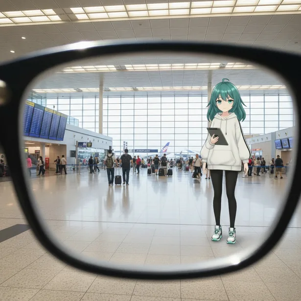 Visualisation of the view through the lens in an airport terminal: Alice standing on the floor among travellers, holding a tablet.