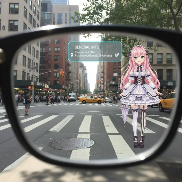 Visualisation of the view through the lens at a New York crossing: Alice standing on the far side of the street, with a place card reading GENERAL INFO next to her.